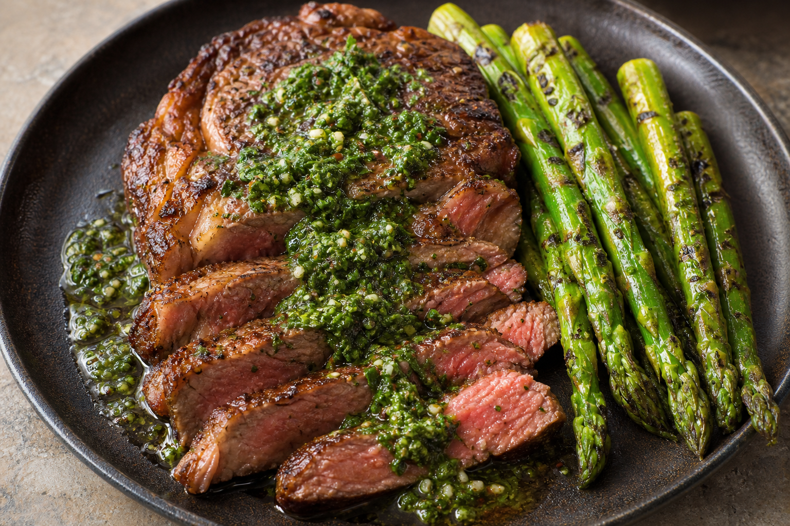 Keto ribeye steak with chimichurri sauce and grilled green asparagus on a wooden board
