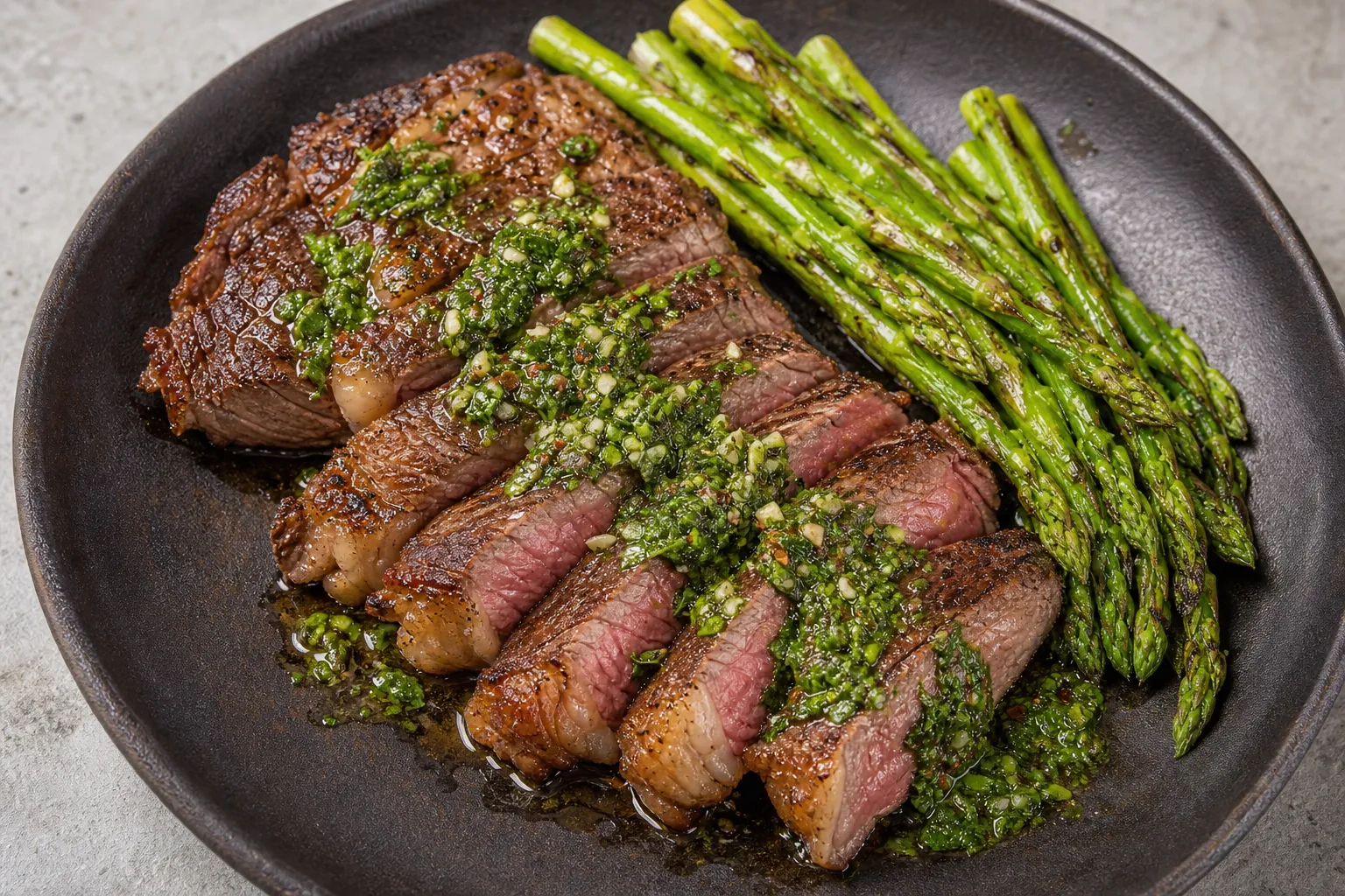 Sliced ribeye steak plated with chimichurri and asparagus