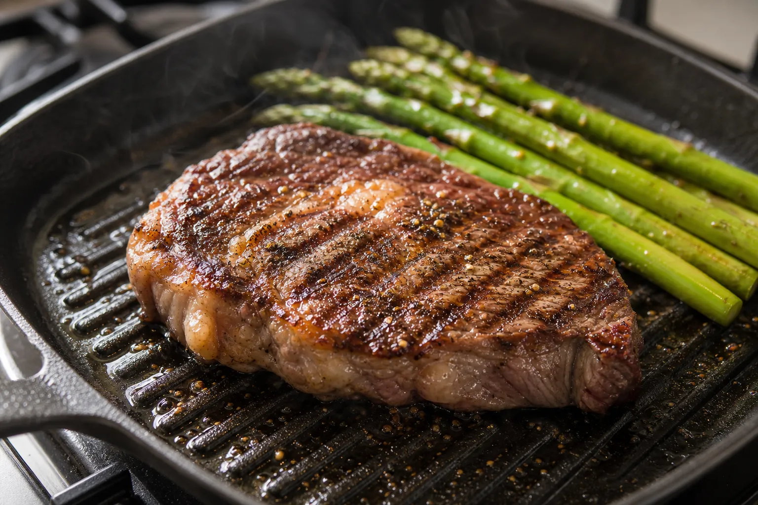 Searing ribeye steak in a grill pan for the keto dinner