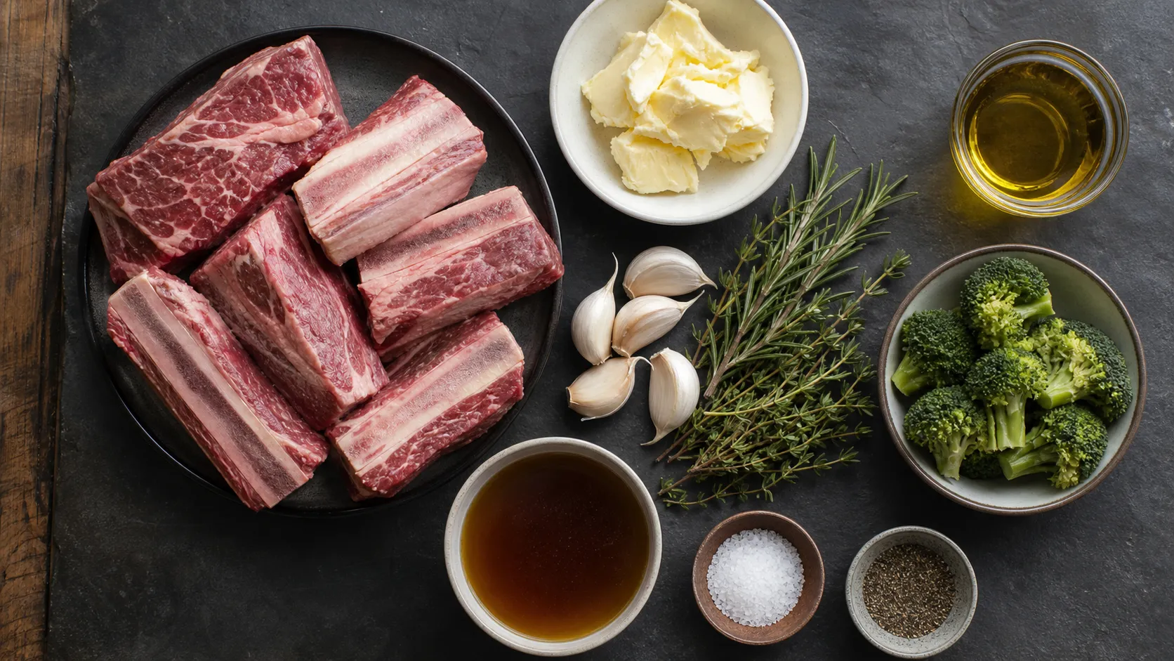 Ingredients for Keto Beef Short Ribs with Garlic Butter: 57 g Protein, Hearty Sunday Dinner: 2 beef short ribs (approx. 250 g each with bone), 30 g butter (soft, for the garlic butter), 30 ml olive oil (for searing), 3 garlic cloves (1 for braising liquid, 2 for garlic butter), 1 sprig fresh rosemary, 1 sprig fresh thyme