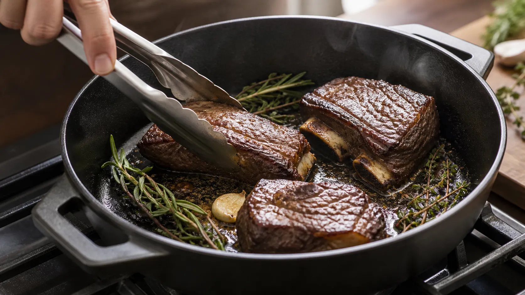 Preparation step for Keto Beef Short Ribs with Garlic Butter: 57 g Protein, Hearty Sunday Dinner: Pat the beef short ribs dry, season generously with salt and pepper all over. Heat olive oil in a Dutch oven over high heat. Sear the ribs on all sides (2 to 3 minutes per side).