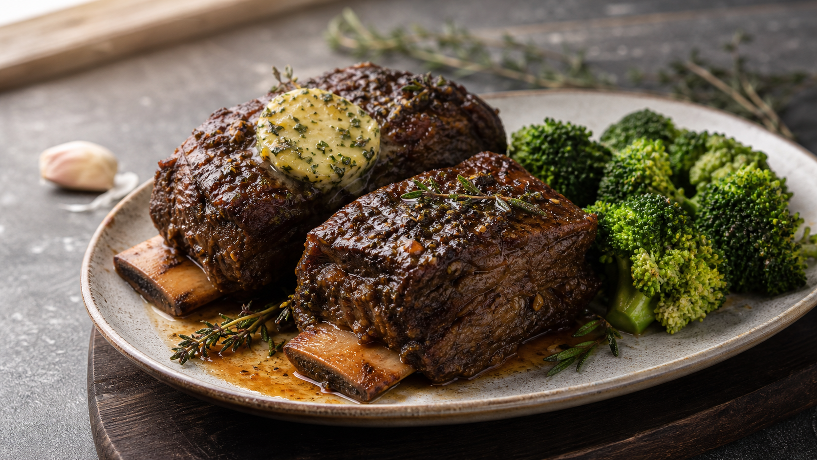 Keto braised beef short ribs with garlic herb butter on a rustic wooden board