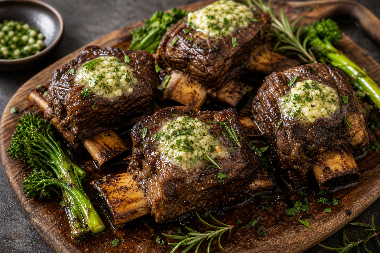Keto braised beef short ribs with garlic herb butter on a rustic wooden board
