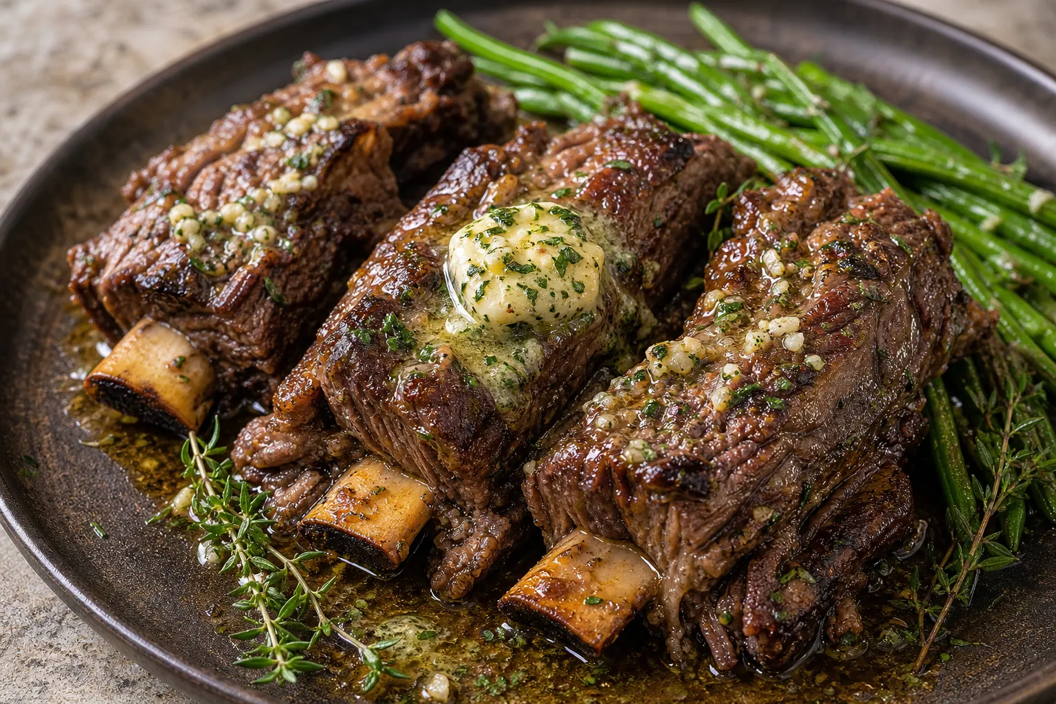 Finished keto beef short ribs on a wooden board with melted garlic butter