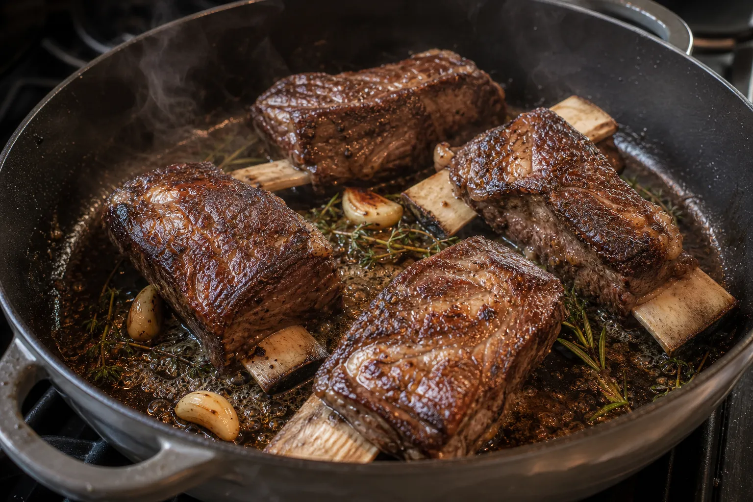 Beef short ribs being seared in a Dutch oven before going into the oven