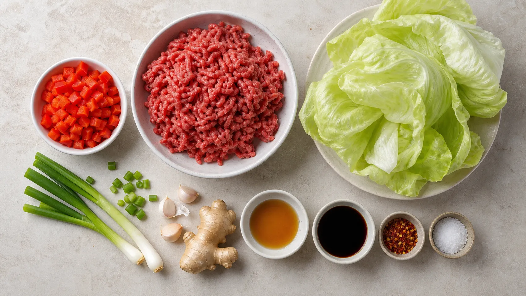 Ingredients for Keto Beef Lettuce Wraps with Wok Vegetables: 55 g Protein in 20 Minutes: 300 g ground beef (90% lean), 4 large iceberg lettuce leaves, 80 g red bell pepper, 2 spring onions, 2 garlic cloves, 15 ml sesame oil (1 tbsp)