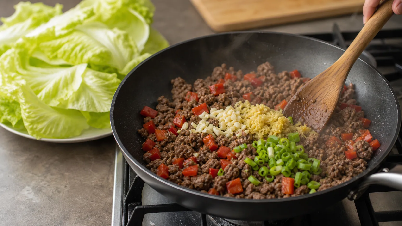 Preparation step for Keto Beef Lettuce Wraps with Wok Vegetables: 55 g Protein in 20 Minutes: Heat the sesame oil (15 ml) in a large pan over high heat.