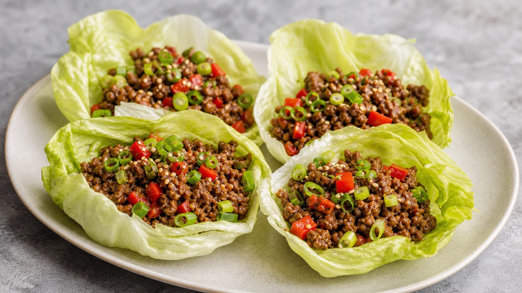 Keto beef lettuce wraps with seasoned ground beef, bell pepper and sesame served in lettuce leaves