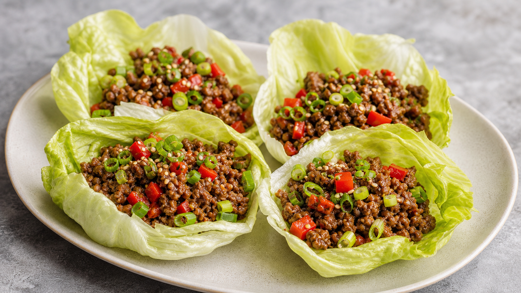 Keto beef lettuce wraps with seasoned ground beef, bell pepper and sesame served in lettuce leaves