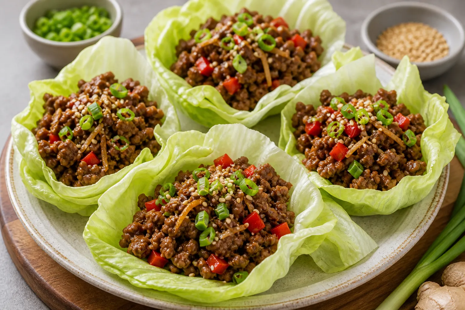 Keto beef lettuce wraps with seasoned ground beef, bell pepper and sesame served in lettuce leaves