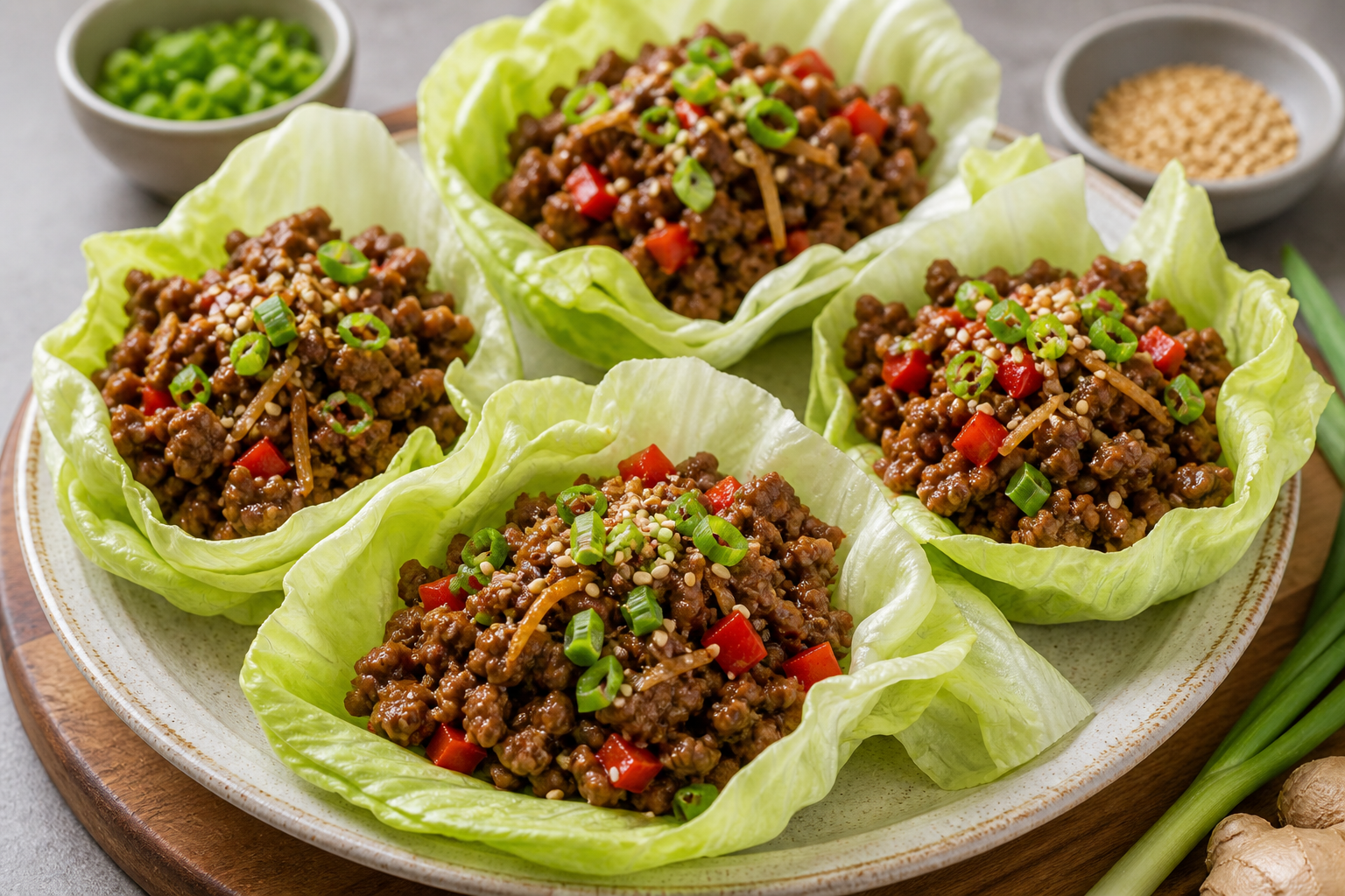 Keto beef lettuce wraps with seasoned ground beef, bell pepper and sesame served in lettuce leaves