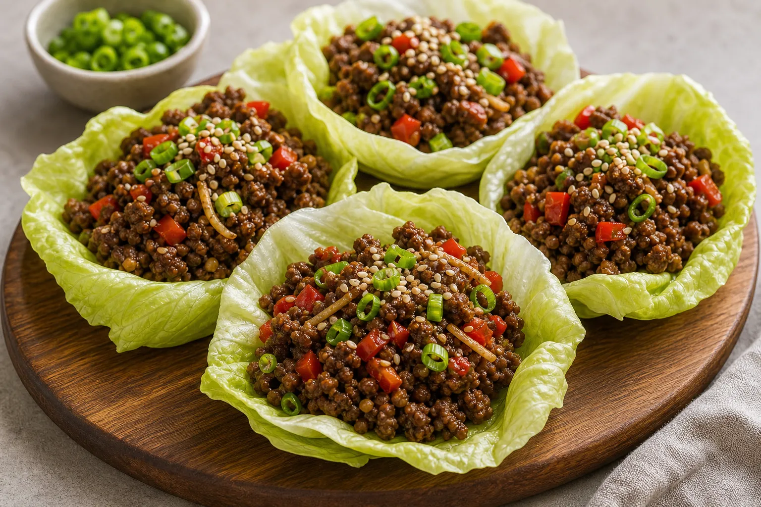 Finished keto lettuce wraps with beef and sesame served on a board