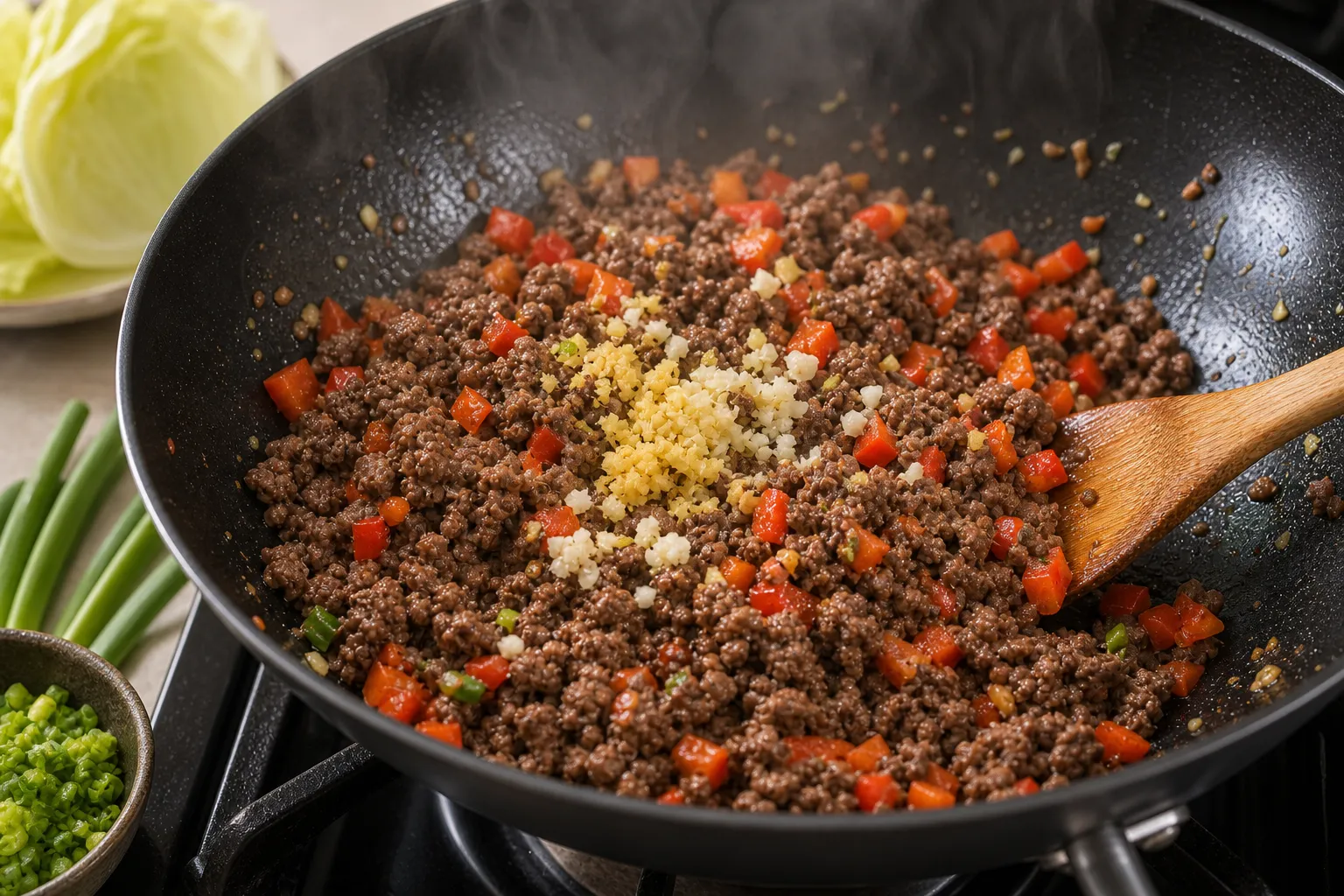 Ground beef with bell pepper and ginger searing in the pan for keto lettuce wraps