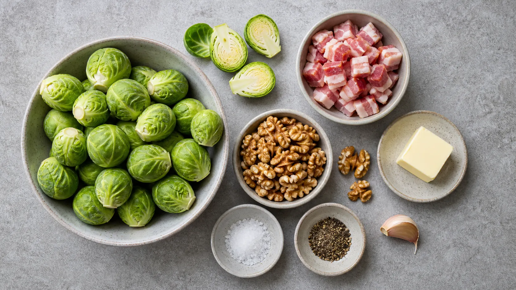 Ingredients for Brussels sprouts with bacon and walnuts: Brussels sprouts, diced bacon, walnuts, butter, garlic, salt and pepper