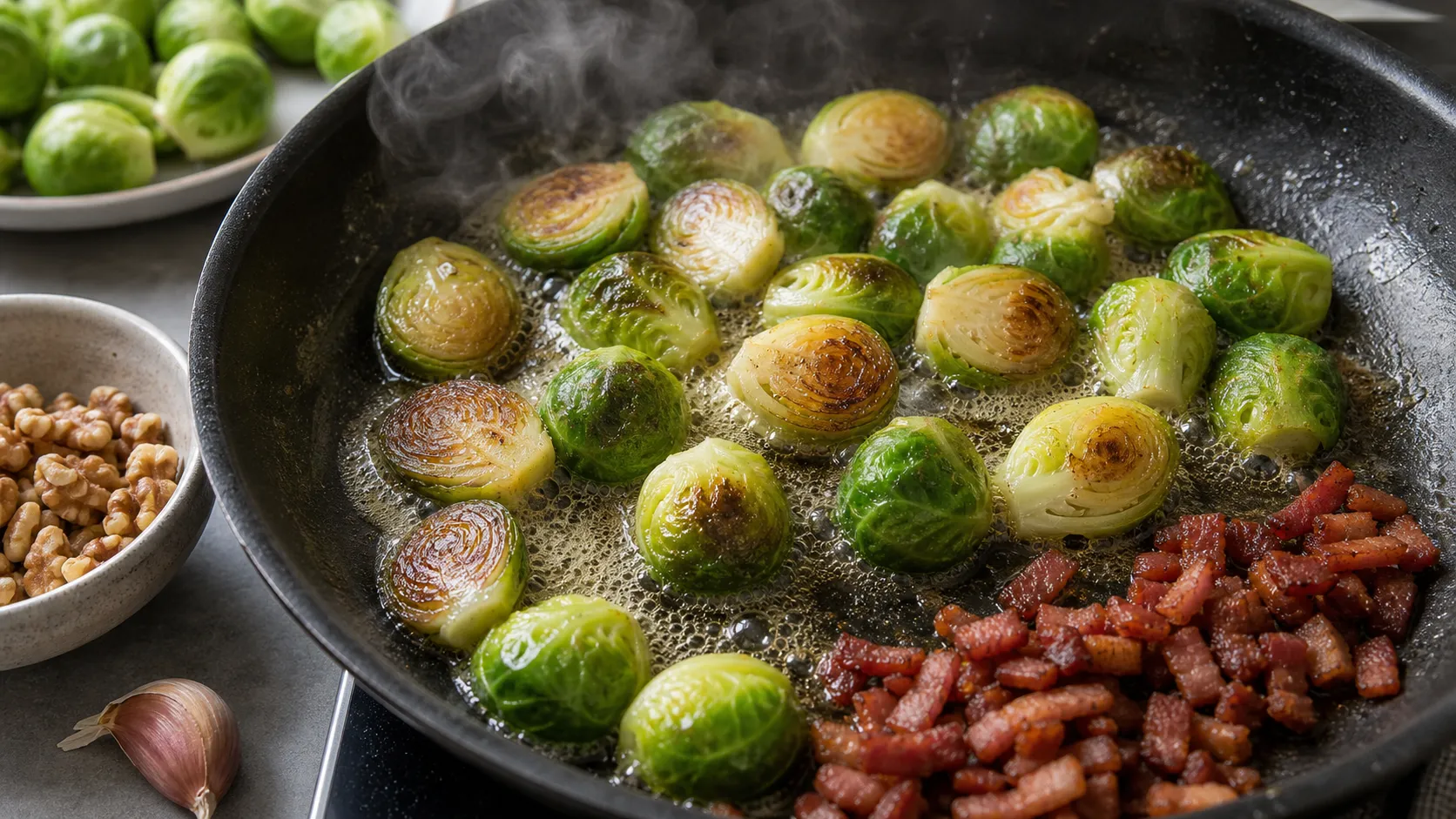 Halved Brussels sprouts searing cut-side down in butter and bacon fat