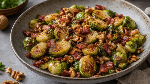 Keto Brussels sprouts with crispy bacon, toasted walnuts and golden-brown caramelized cut sides