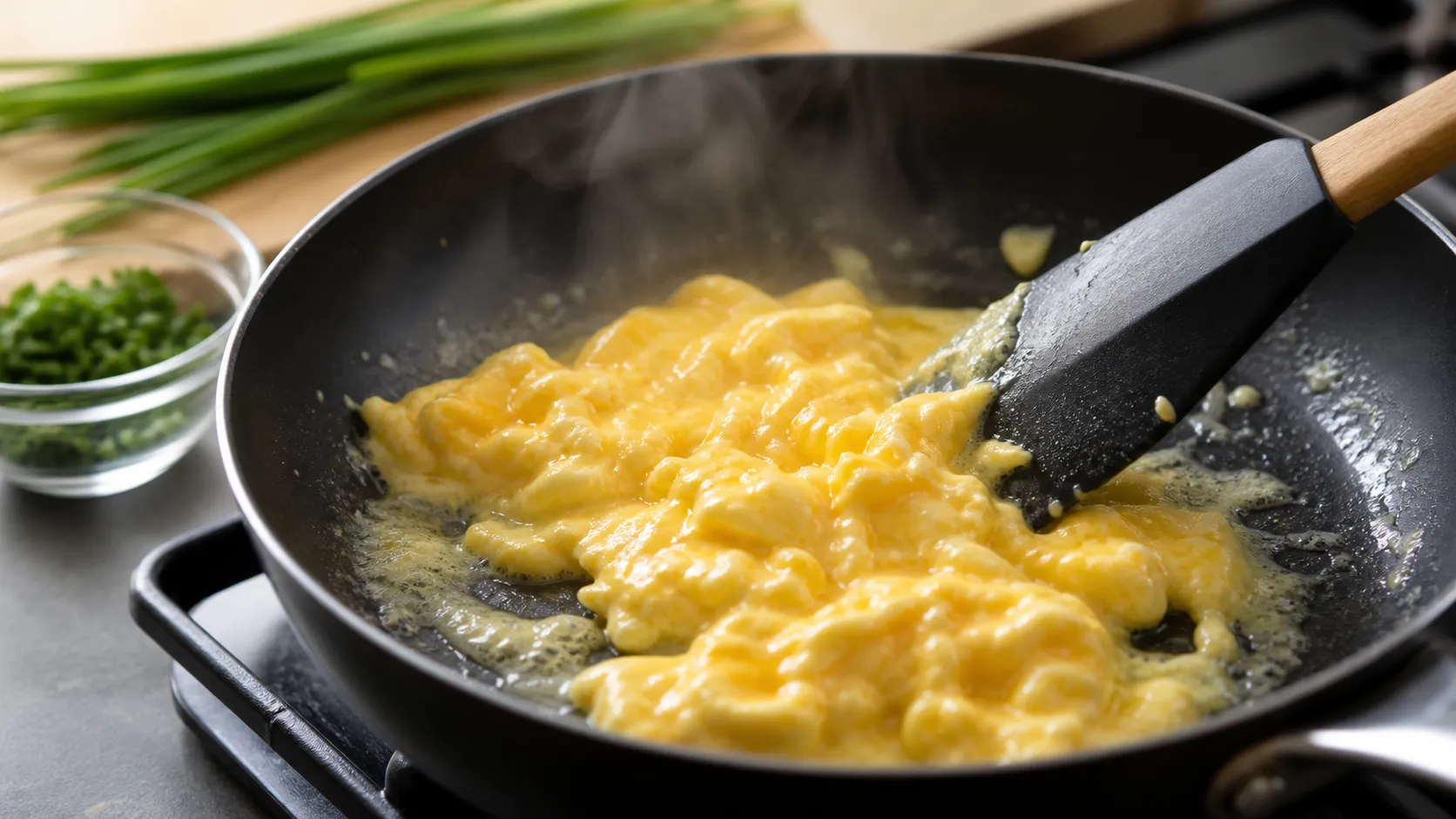 Preparation step for Keto Scrambled Eggs with Butter and Chives – The 3-Minute Breakfast: Briefly whisk the eggs, season with salt, and pour into the pan.