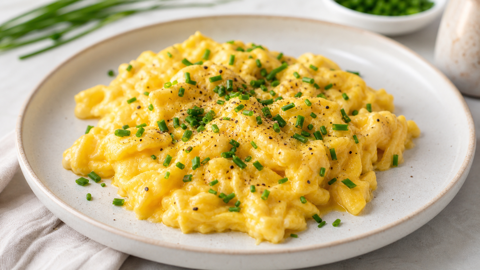 Creamy keto scrambled eggs with butter and fresh chives on a plate