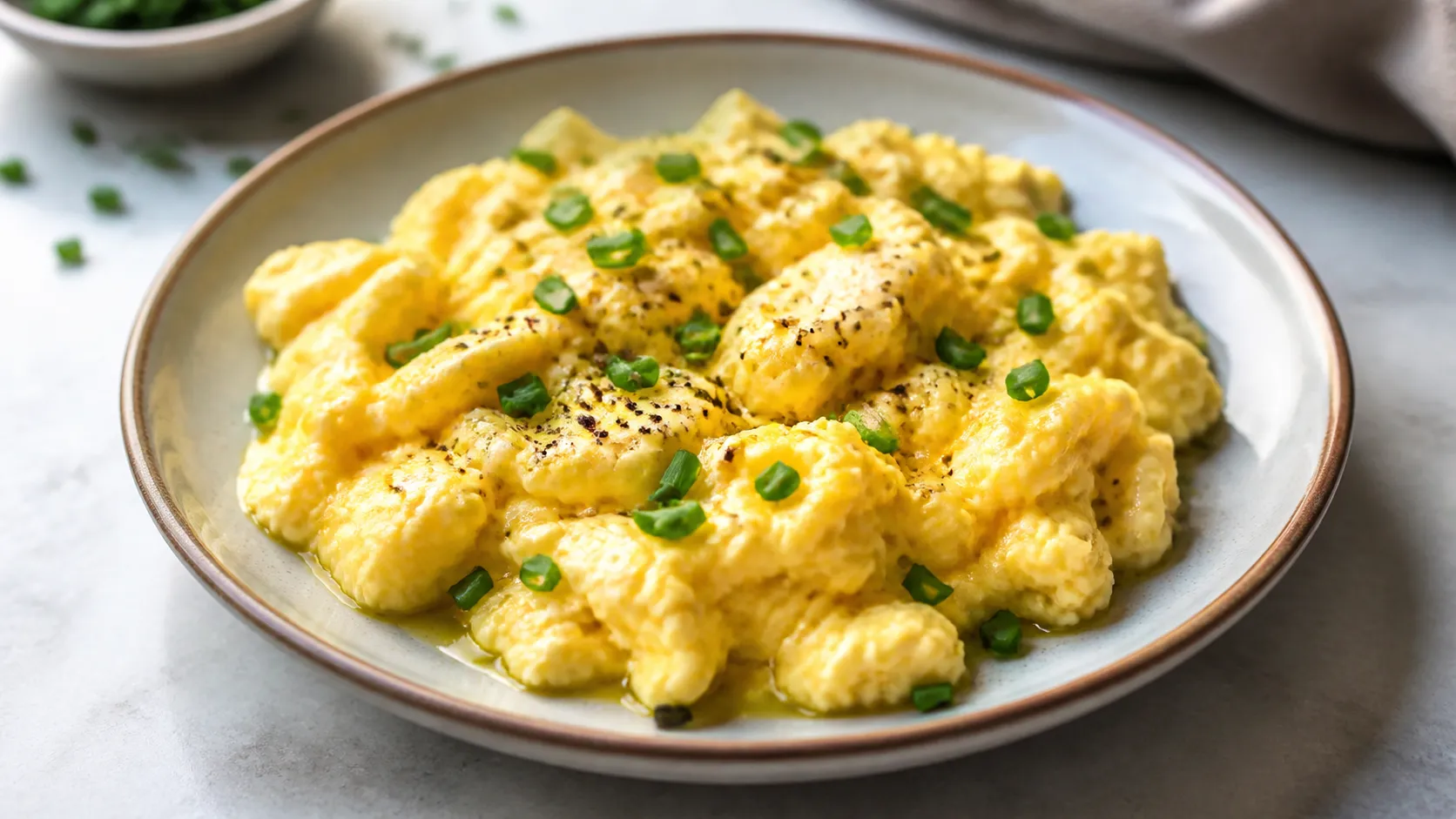 Creamy keto scrambled eggs with butter and fresh chives on a plate