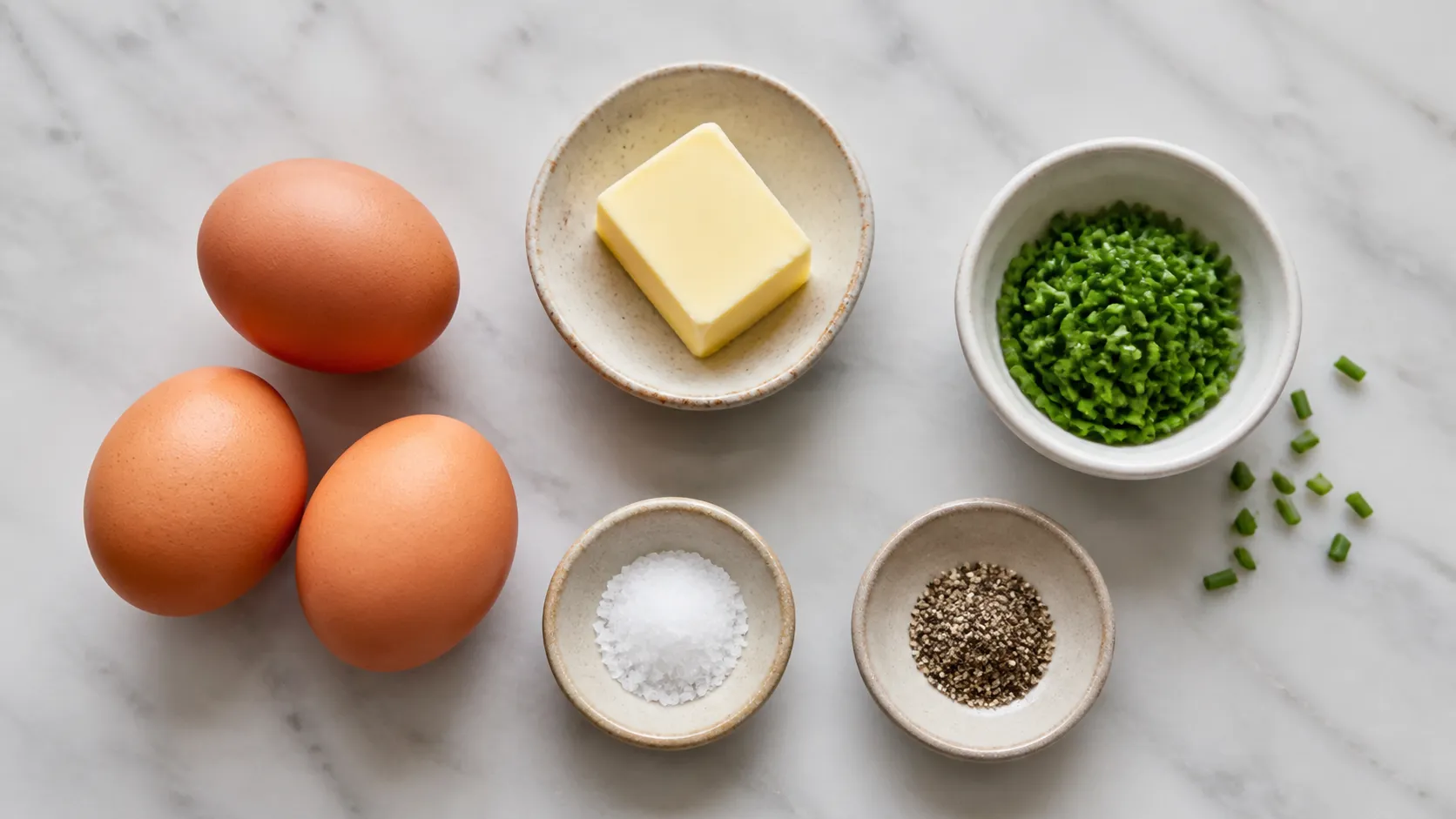 Ingredients for keto scrambled eggs: eggs, butter, chives, salt, pepper