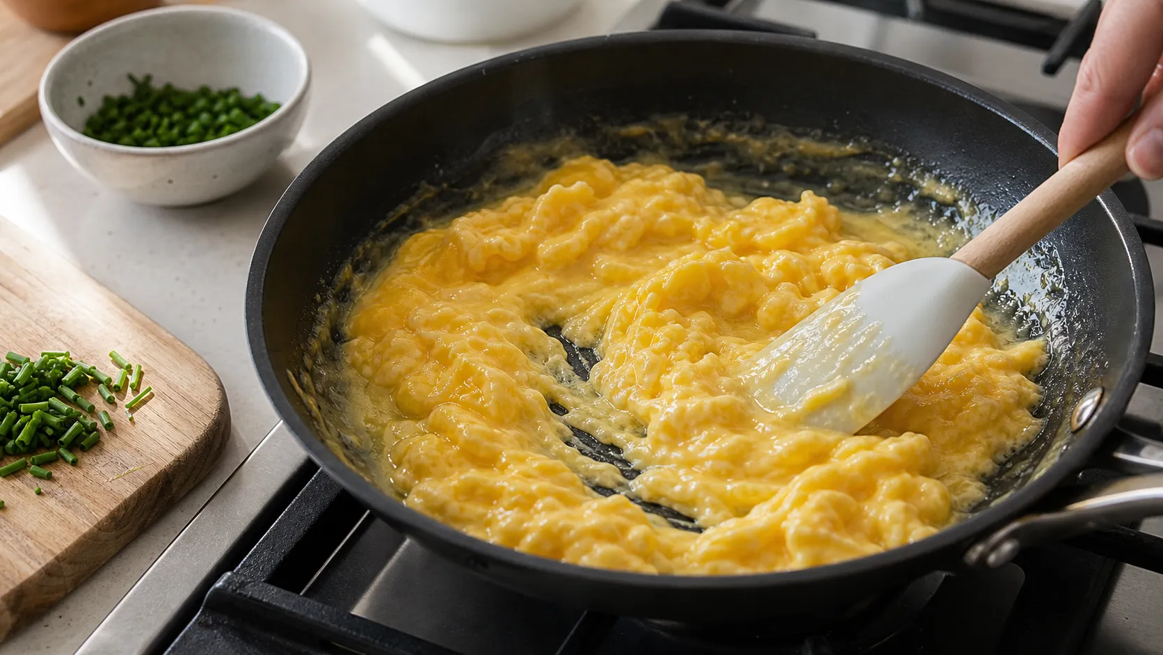 Scrambled eggs setting in butter in the pan