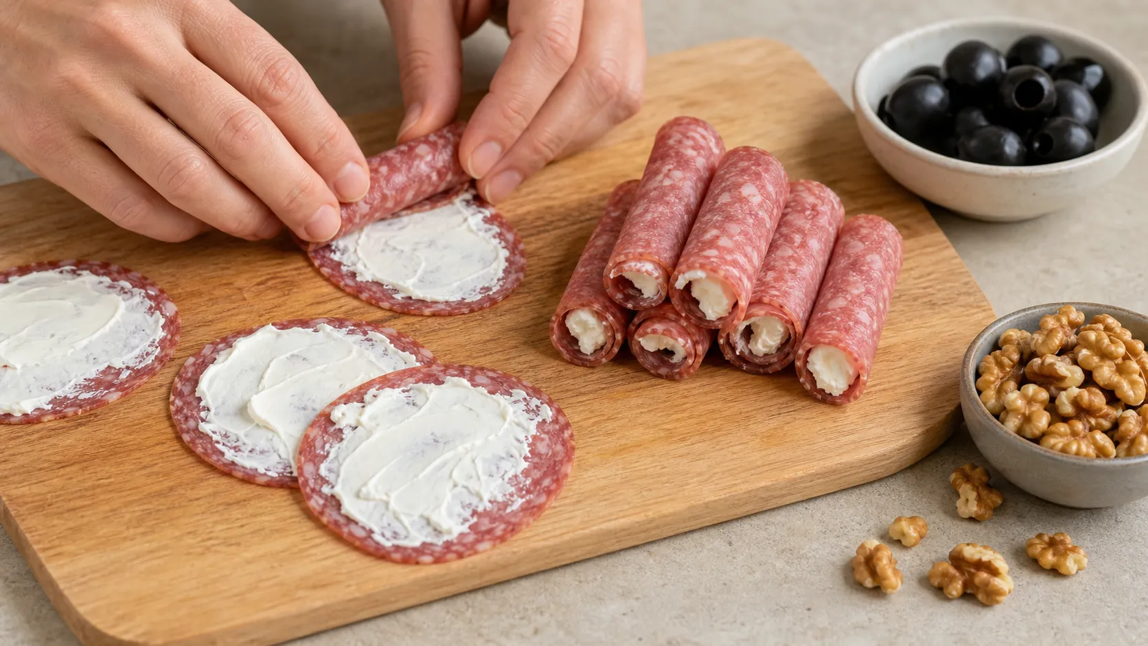 Preparation step for Keto Salami, Cream Cheese and Olive Plate - Mediterranean Breakfast in 2 Minutes: Arrange the roll-ups on a plate.
