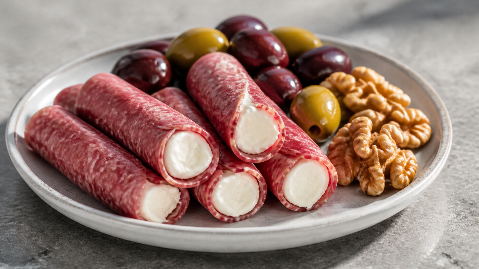 Keto breakfast plate with salami and cream cheese roll-ups, olives and walnuts