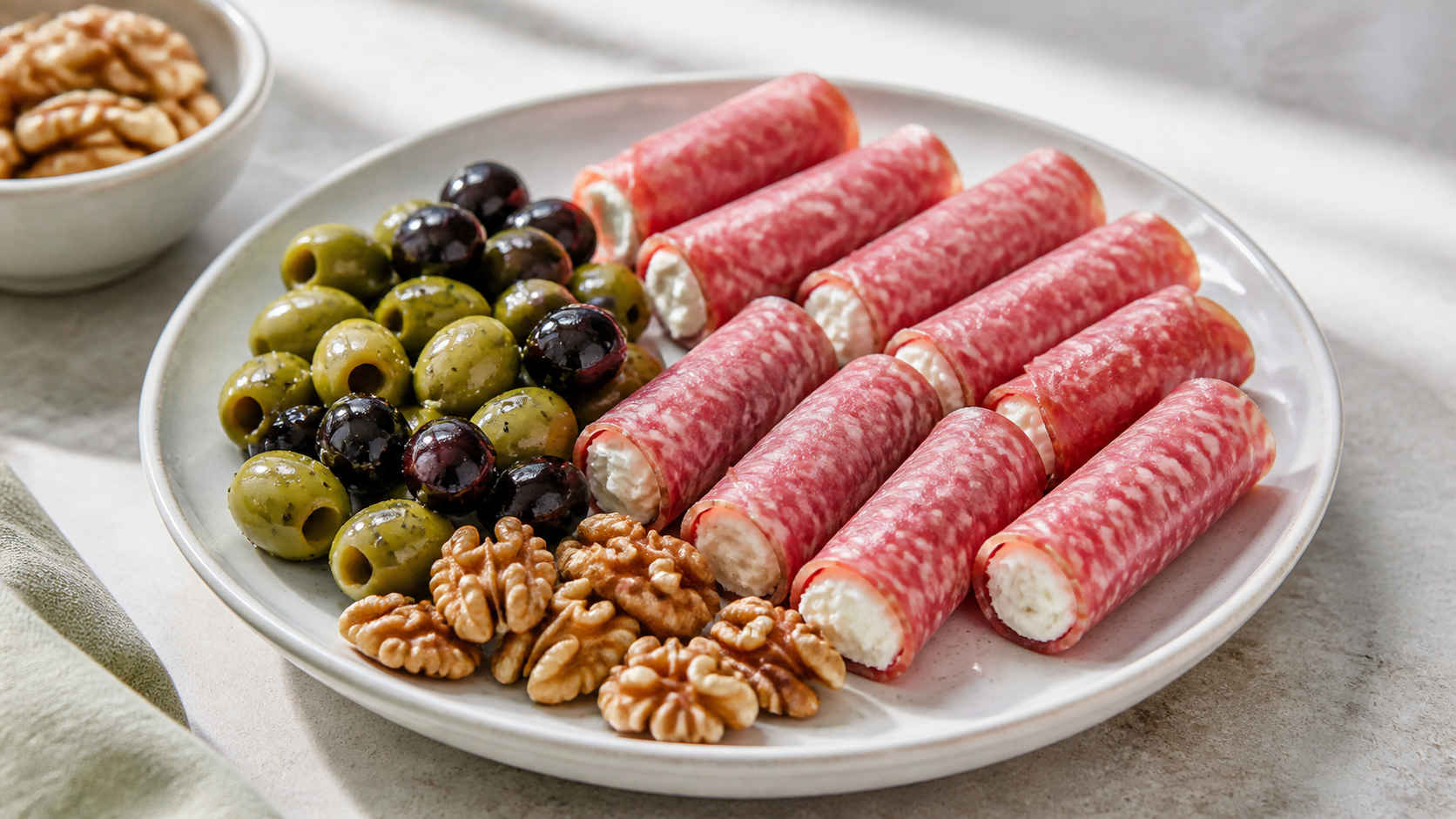 Keto breakfast plate with salami and cream cheese roll-ups, olives and walnuts