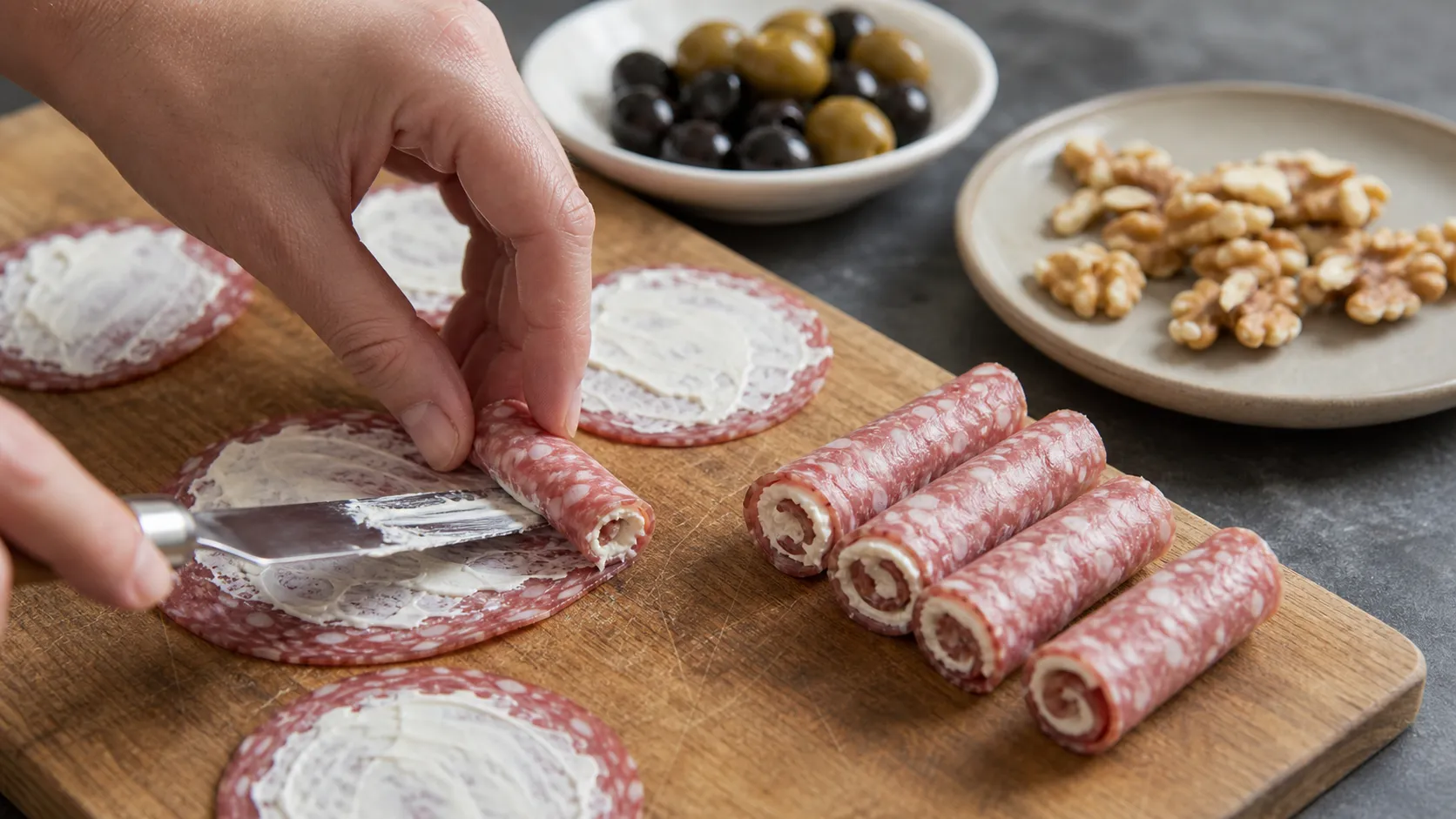 Salami slices being spread with cream cheese and rolled up