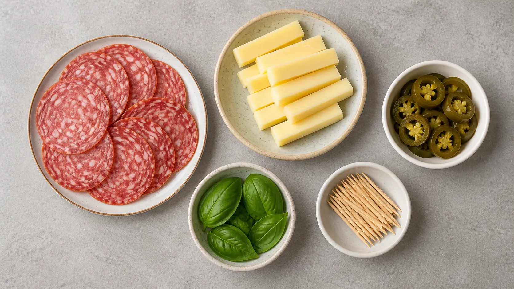 Ingredients for Keto Salami Manchego Rolls with Jalapeños: Savory Snack in 5 Minutes: 80 g salami (thinly sliced, approx. 12 slices), 60 g manchego (cut into 6 sticks), 30 g pickled jalapeños (drained), optional: fresh basil