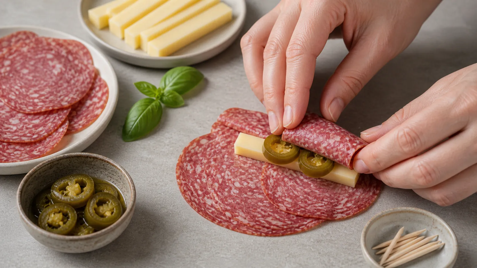 Preparation step for Keto Salami Manchego Rolls with Jalapeños: Savory Snack in 5 Minutes: Drain the jalapeños well.