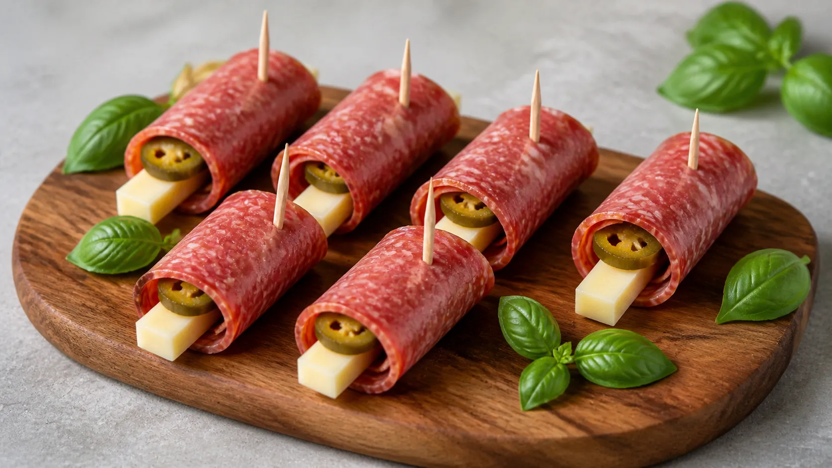 Keto salami manchego rolls with jalapeños arranged on a wooden board