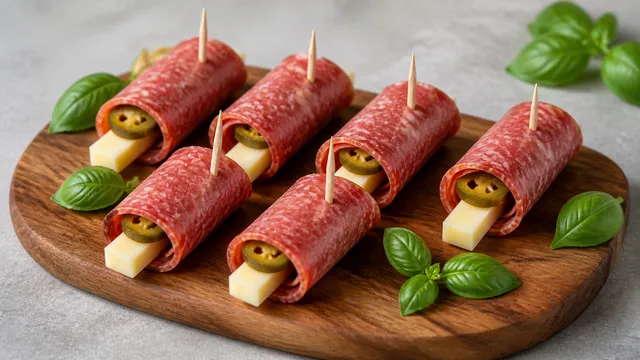 Keto salami manchego rolls with jalapeños arranged on a wooden board