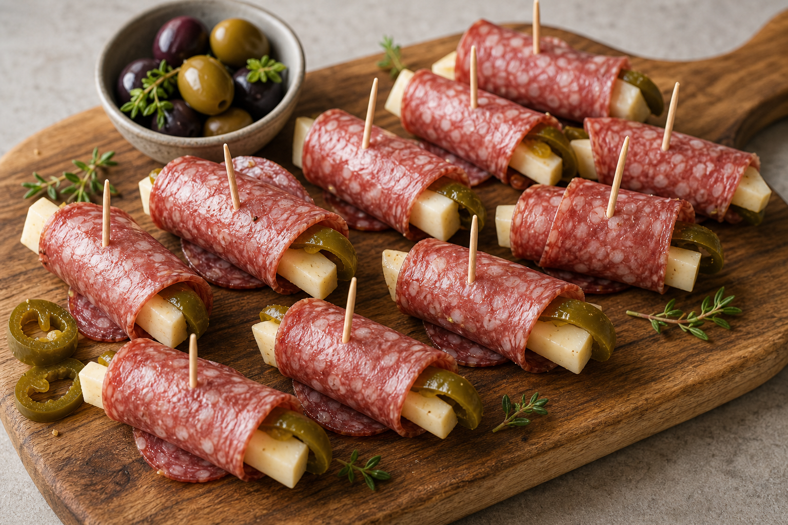 Keto salami manchego rolls with jalapeños arranged on a wooden board
