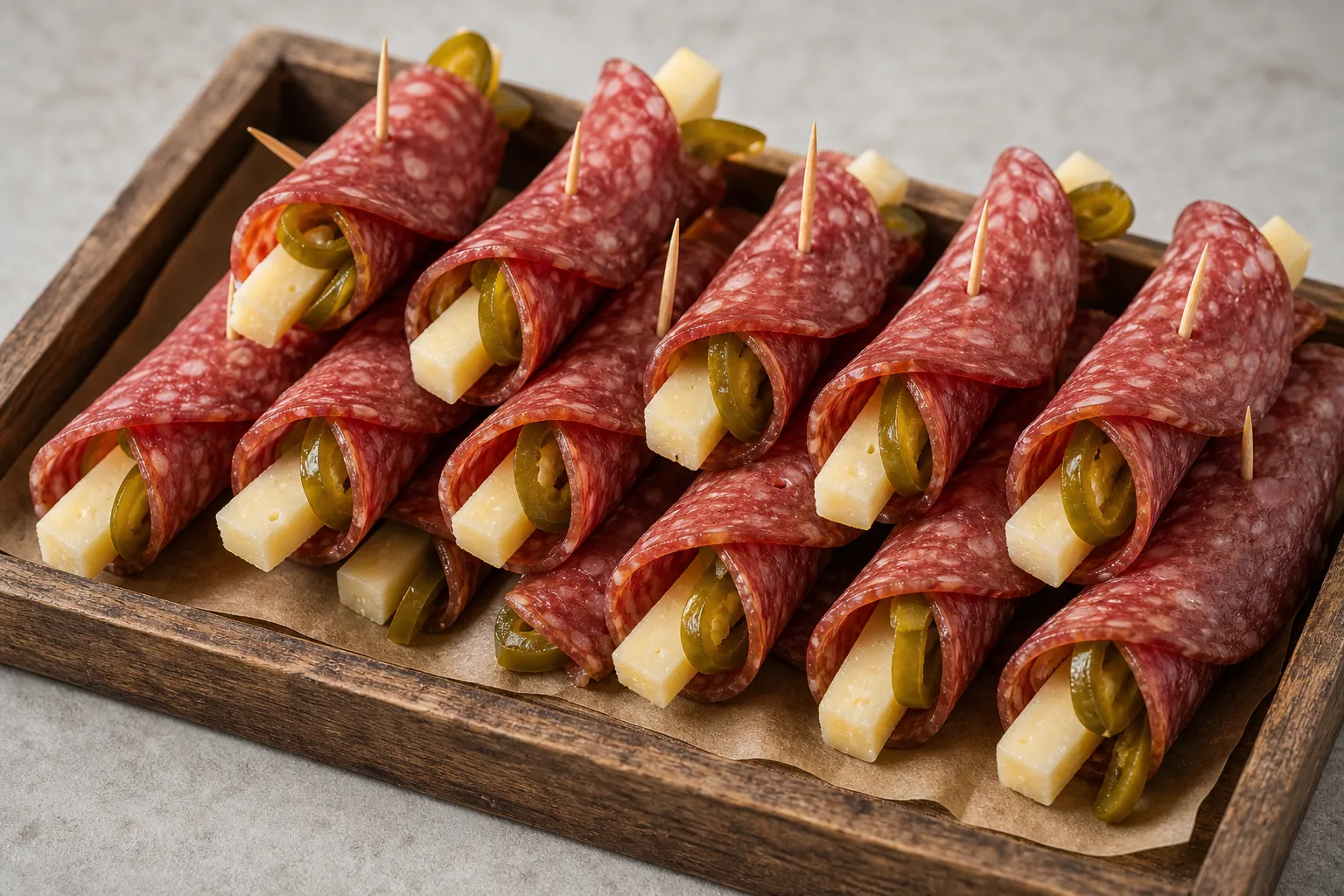 Finished keto snack rolls with jalapeños arranged on a board