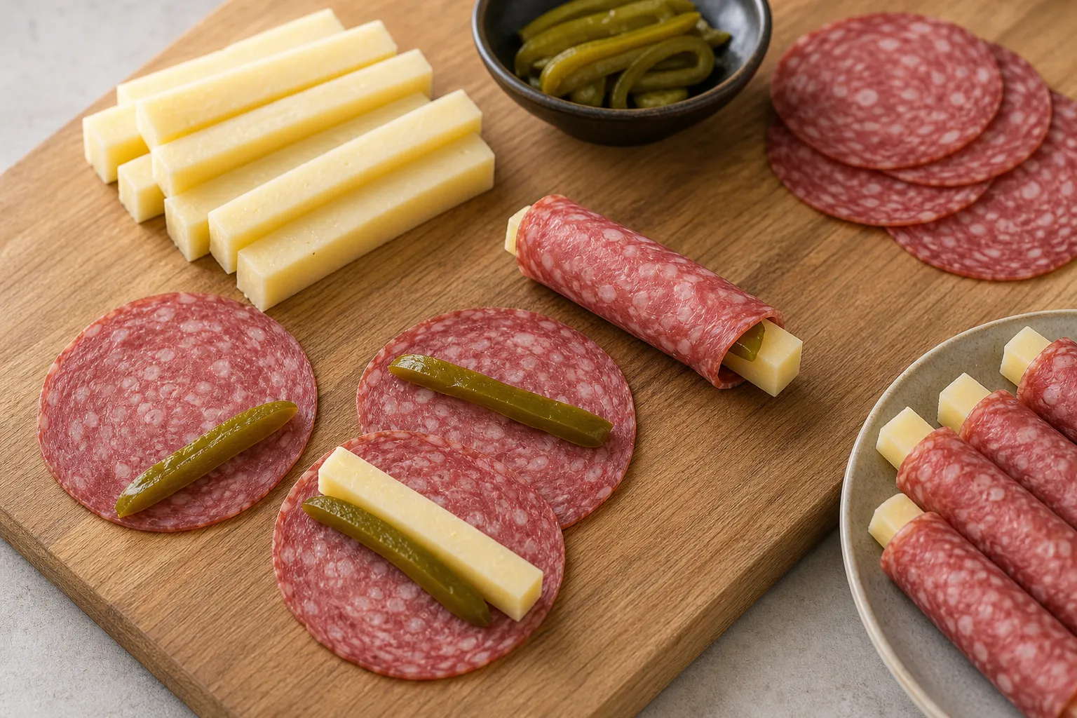 Cutting manchego into sticks and rolling them with salami slices