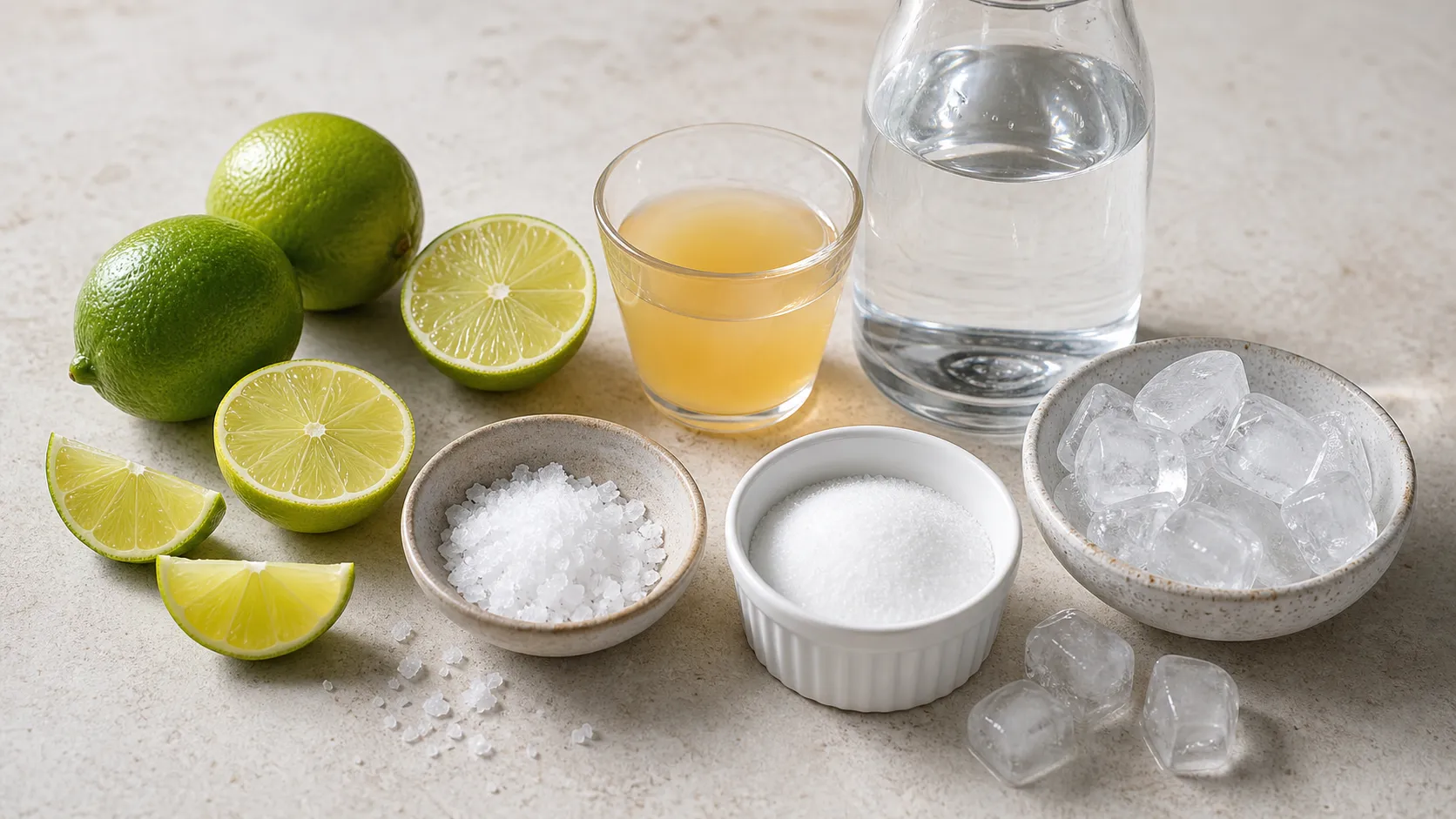 Limes, sea salt, apple cider vinegar, erythritol and water for the keto electrolyte drink