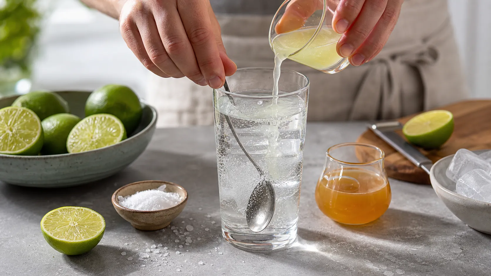 Lime juice is poured into a glass with sea salt and water