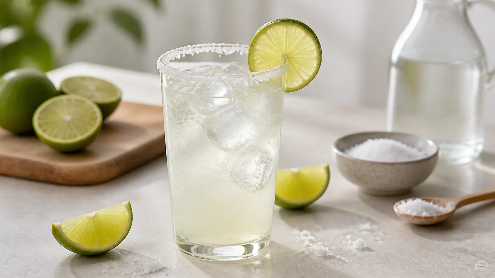 Keto salt and lime electrolyte drink in a glass with a lime slice, sea salt flakes on the rim and ice cubes