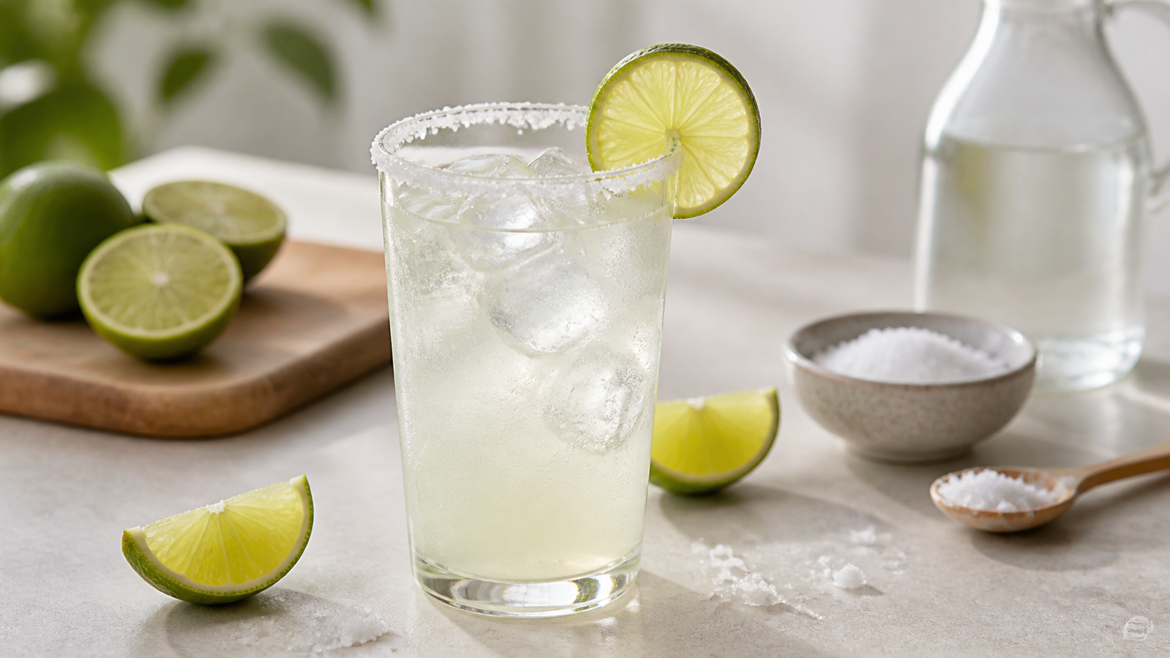 Keto salt and lime electrolyte drink in a glass with a lime slice, sea salt flakes on the rim and ice cubes