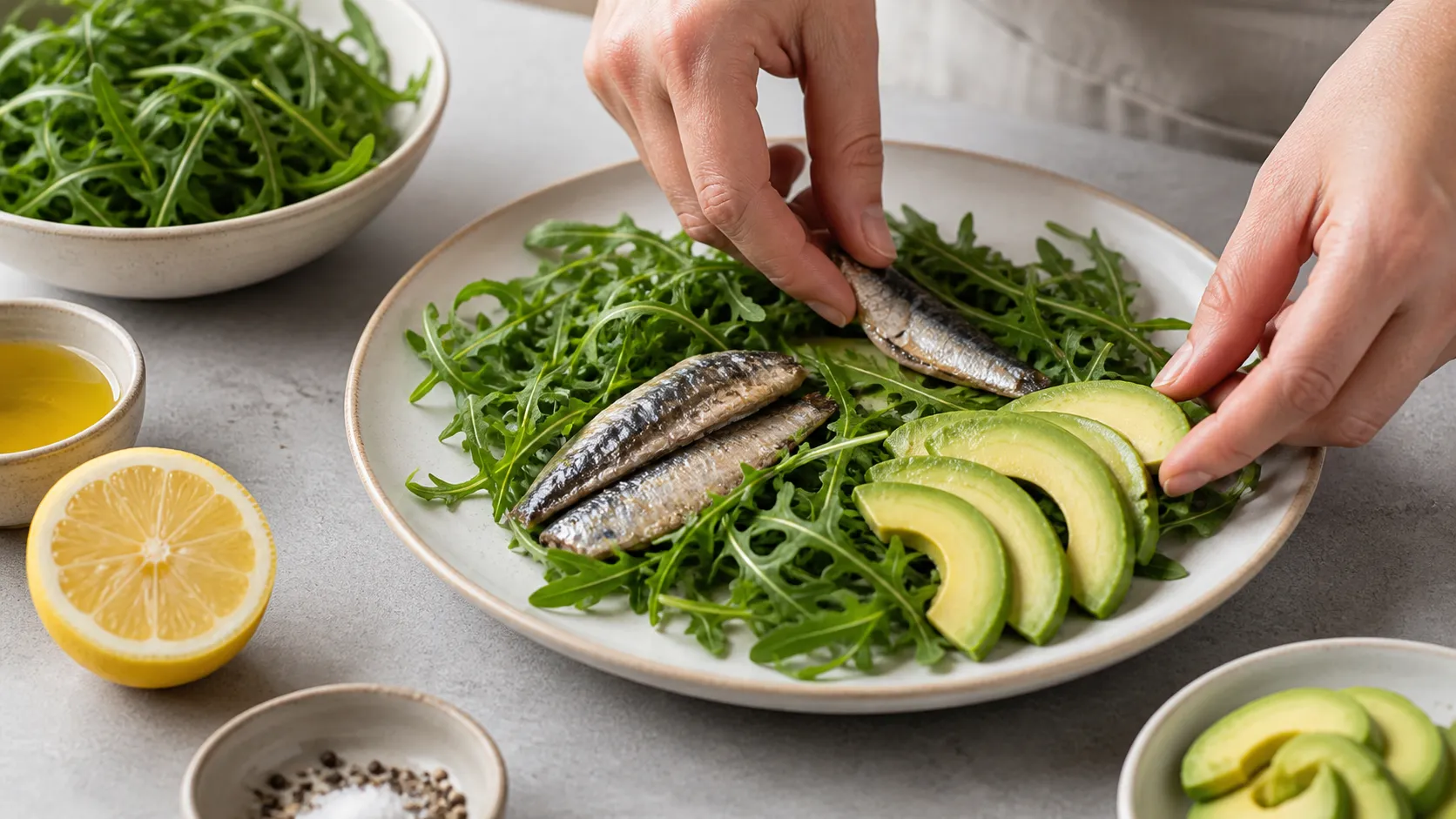 Avocado and sardines being arranged on arugula for keto sardines avocado salad
