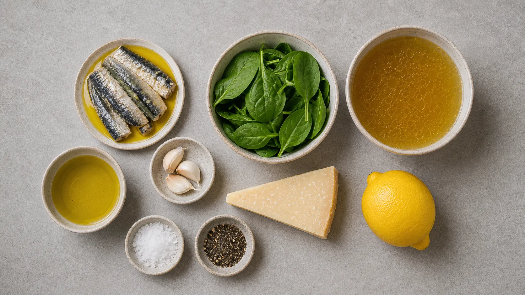 Ingredients for keto sardine bone broth soup: canned sardines, bone broth, baby spinach, parmesan and olive oil