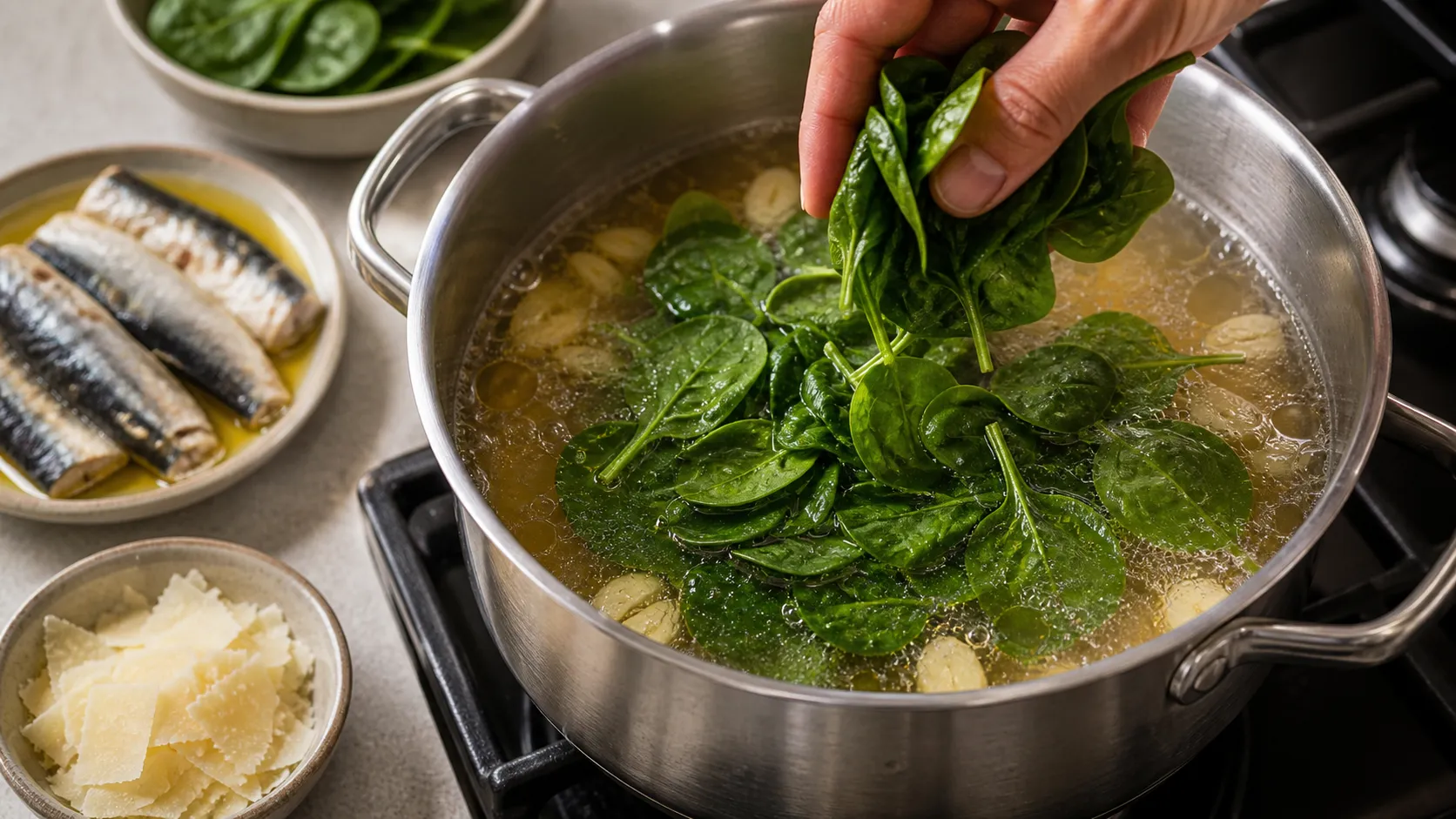 Bone broth heating in a pot, baby spinach added and briefly simmered