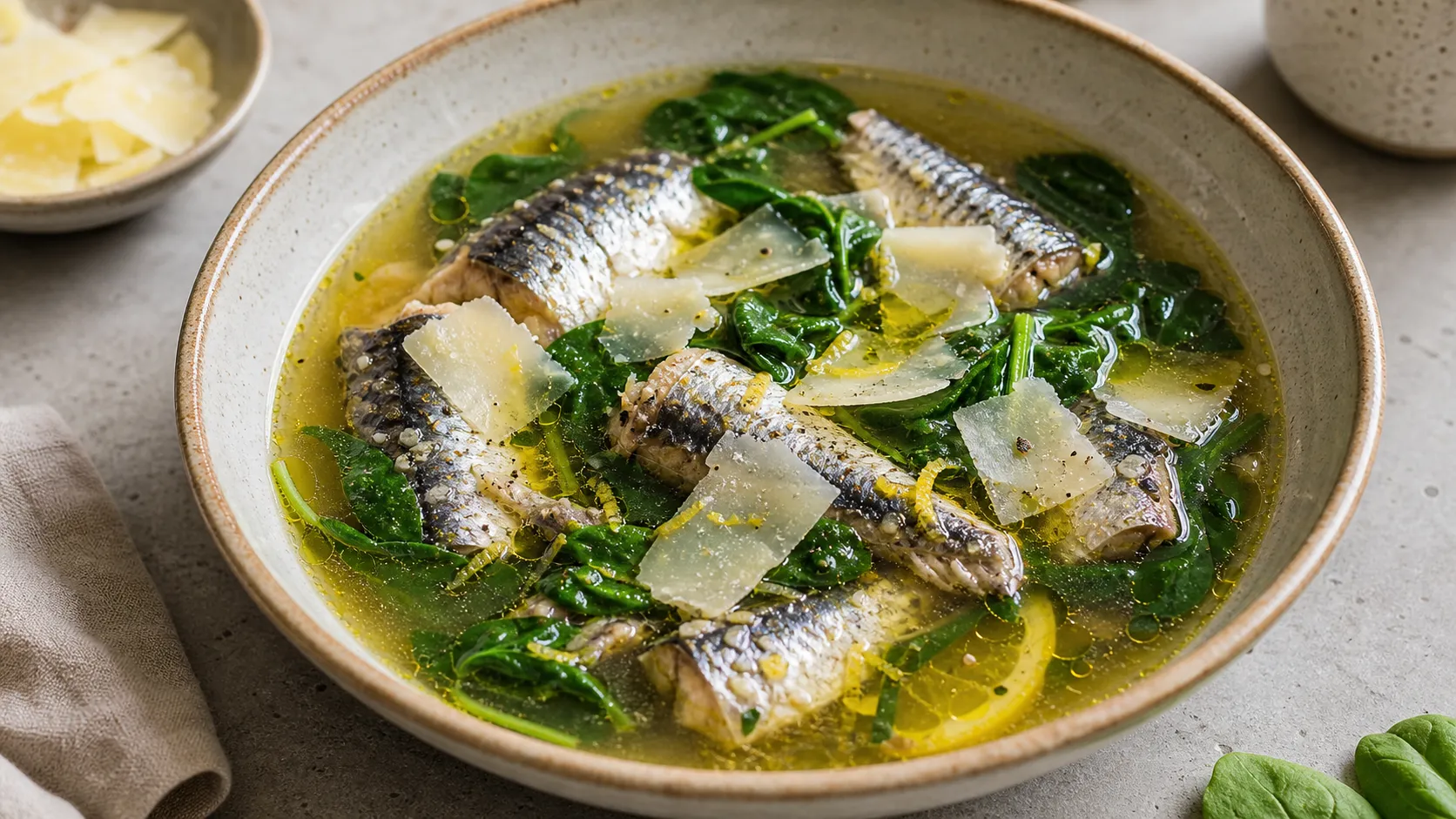 Keto sardine bone broth soup in a deep bowl with sardine fillets, fresh spinach, parmesan shavings and olive oil