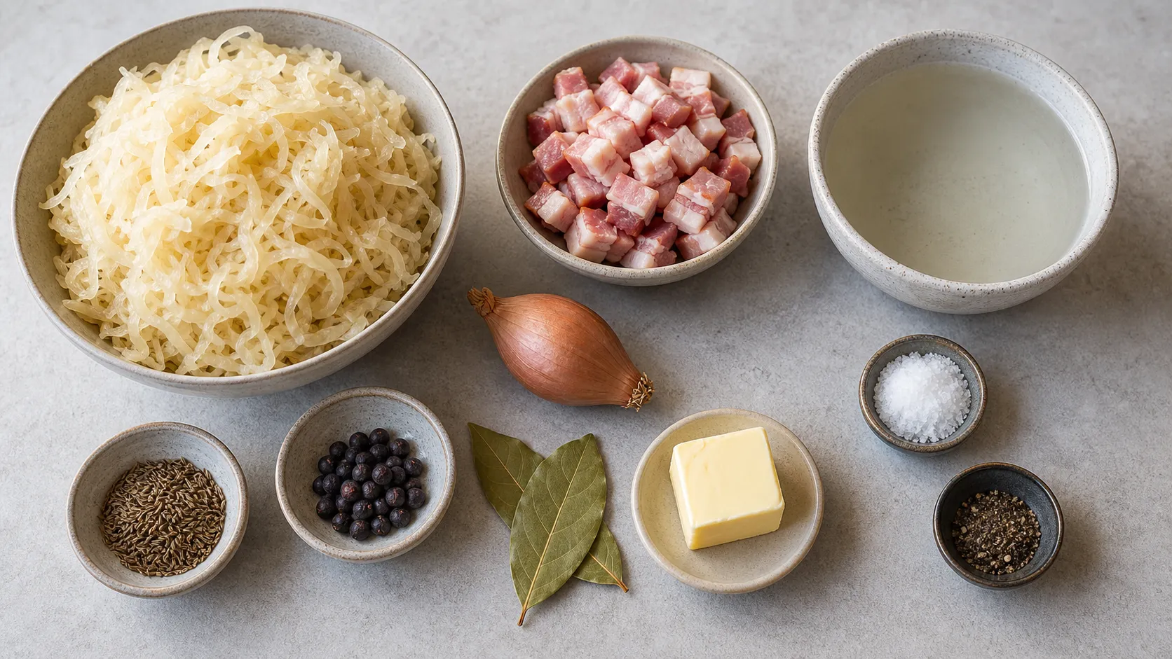 Ingredients for sauerkraut with caraway and bacon: raw sauerkraut, bacon, shallot, butter, caraway, bay leaf, and juniper