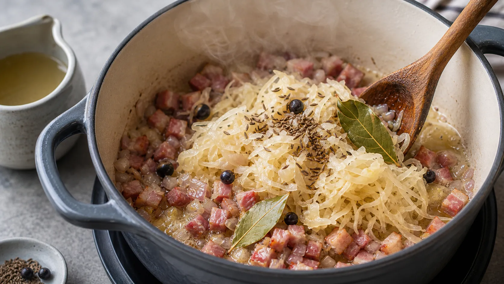 Sauerkraut being braised with bacon, shallot, caraway, bay leaf, and juniper in a pot