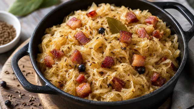 Braised keto sauerkraut with diced bacon, caraway, bay leaf, and juniper in a pot