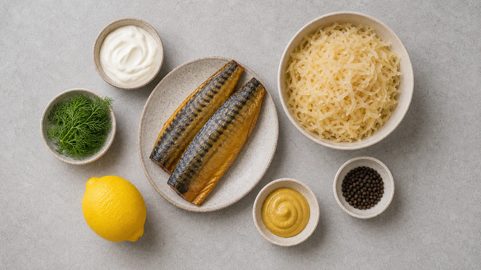 Ingredients for keto sauerkraut mackerel bowl: smoked mackerel, sauerkraut, sour cream, dill and mustard as a flatlay