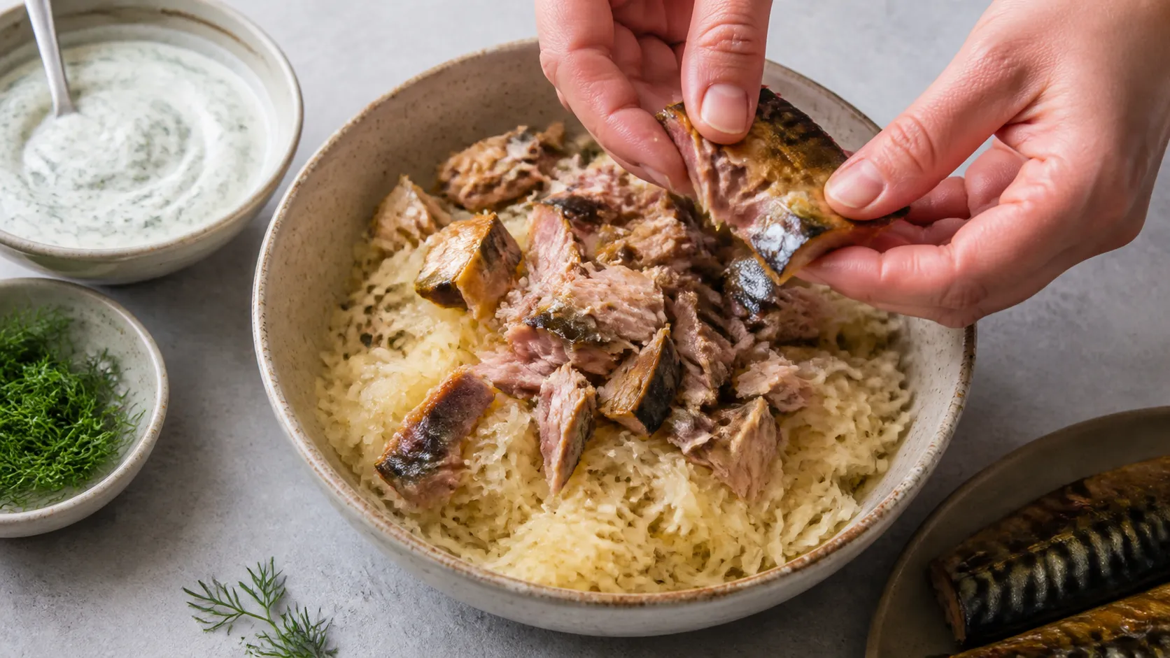 Mackerel fillet being broken into pieces and arranged with sauerkraut in the bowl