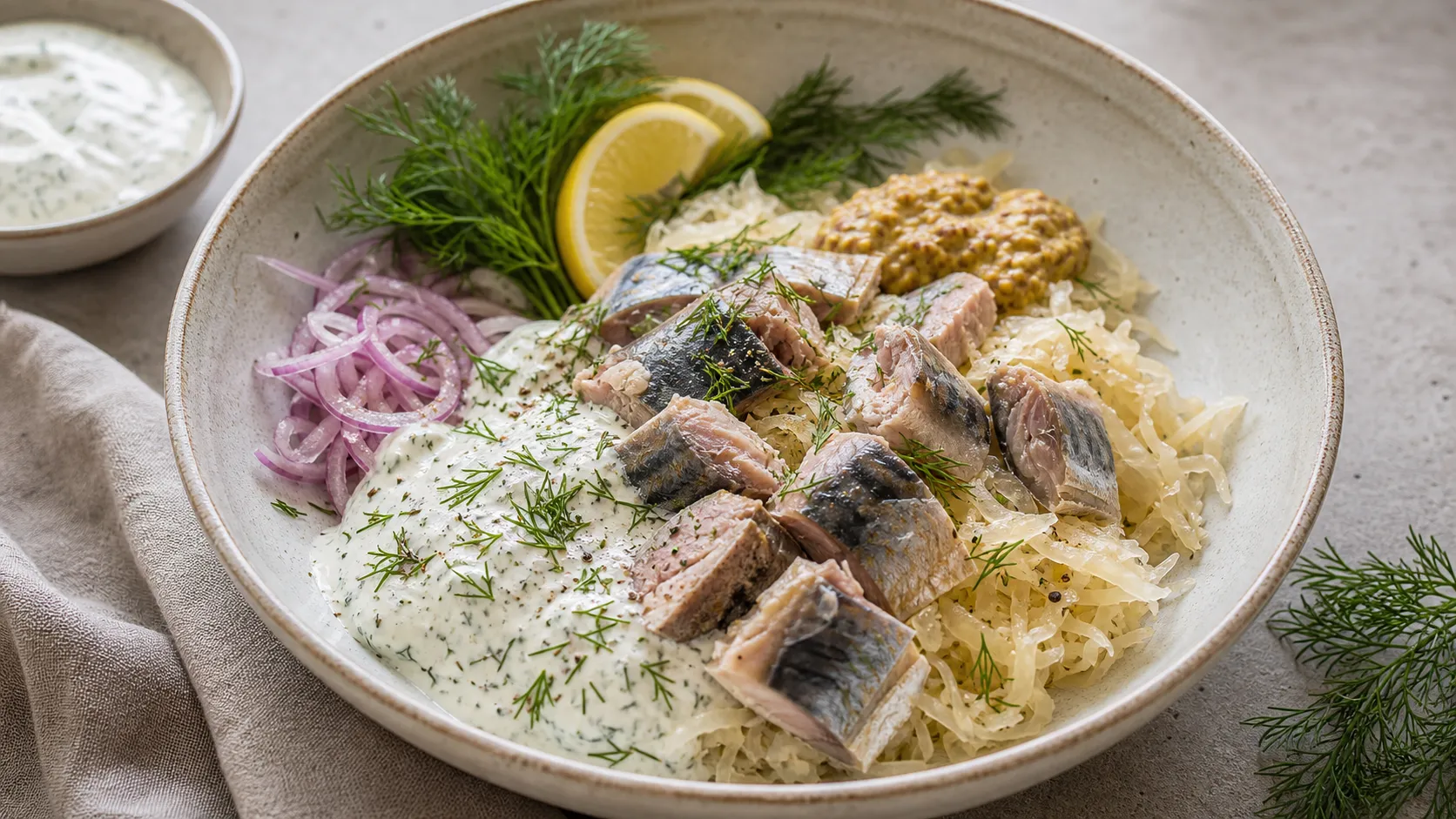 Keto sauerkraut mackerel bowl with mackerel fillets, sauerkraut, sour cream and fresh dill in a bowl